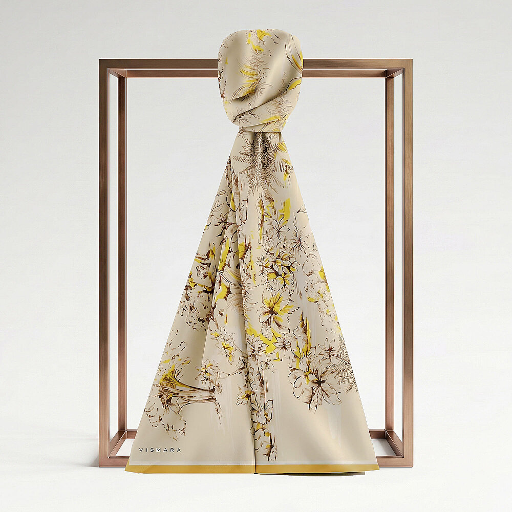 Yellow Toile Garden Pattern Silk Scarf - 1