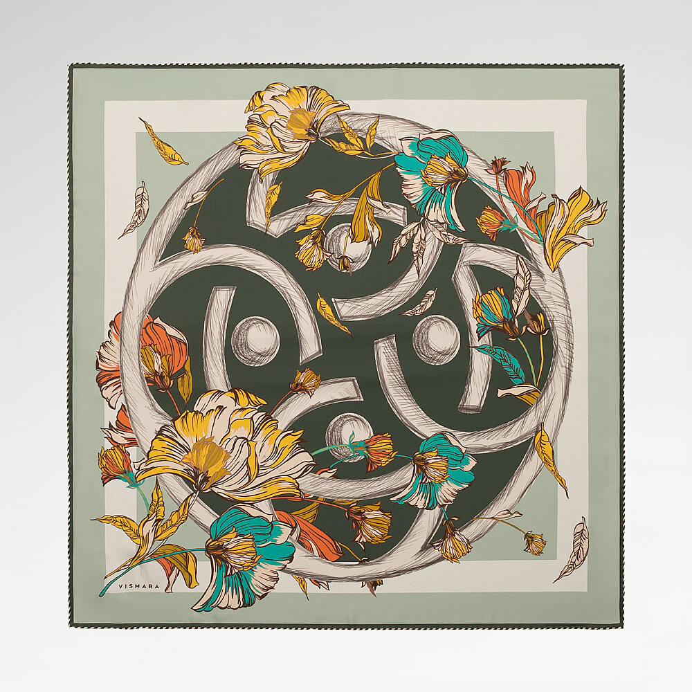 Yeşil Flora Viva Desenli İpek Eşarp - 1